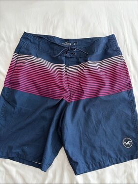 Hollister Navy Swim Shorts with Pink & White Stripes